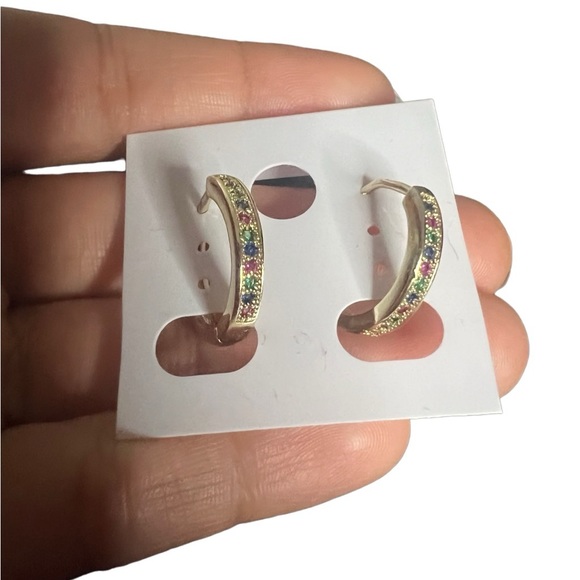 14K Gold Plated Multicolor Gemstone Hoop Earrings New - Picture 2 of 6